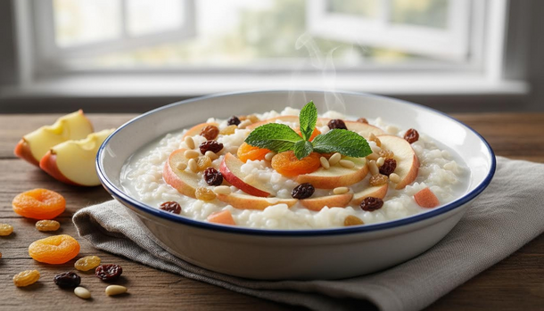 One Bowl to Power Your Day: Creamy Rice Porridge with Apples and Dried Fruit