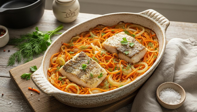 This One-Pan Pollock Bake with Carrots and Onions Turns Any Weeknight into a Celebration